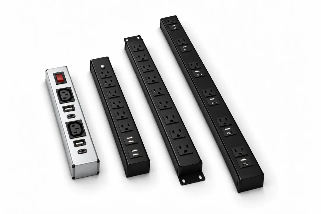 Four Brooks power strips arranged at an angle, three with USB charging ports.