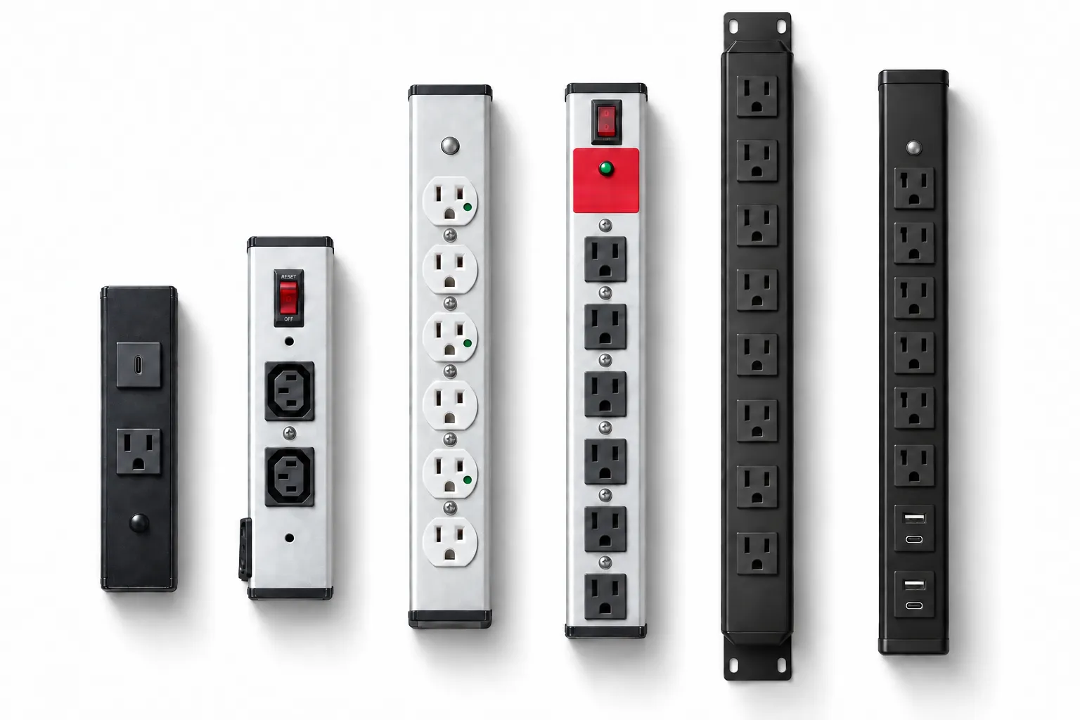 Six Brooks power strips of several types standing side by side: black and brushed-aluminum housings with black or white outlets, IEC outlets on one, a switch and a red indicator panel on another, mounting ears on one and USB ports on another.