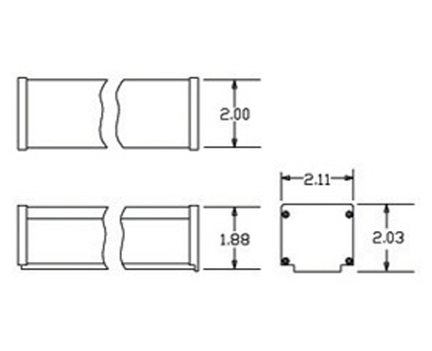 Line drawing: a deeper rectangular extrusion in two elevations, broken to show it continues, with an end section carrying four corner fixings and a notched base.