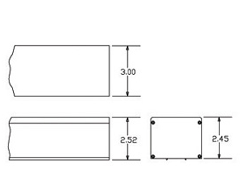 Line drawing: the largest extrusion, in two elevations with a chamfered top edge, and a near-square end section with four corner fixings.