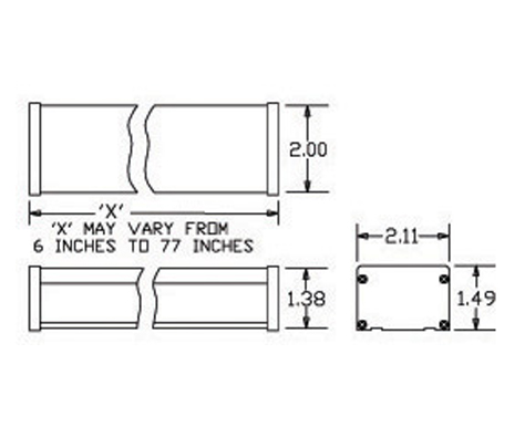 Line drawing: a low rectangular extrusion in two elevations, broken to show it continues, with a squarer end section carrying four corner fixings.