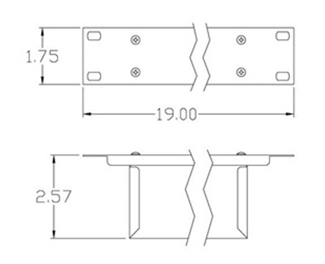 Line drawing: a 19 inch rack panel seen face on, with mounting slots at both ends, above a side elevation showing the shallow chassis behind it.