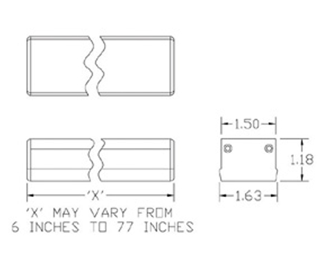 Line drawing: a shallow rectangular extrusion in plan and side elevation, broken to show it continues, with an end section dimensioned across the top, the side and the base.